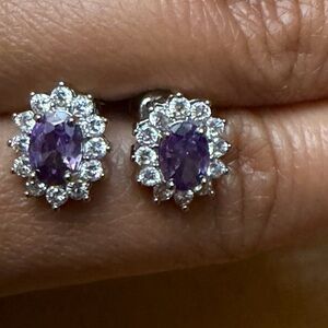 Amethyst Halo Stud Earrings - Purple Crystal Cluster